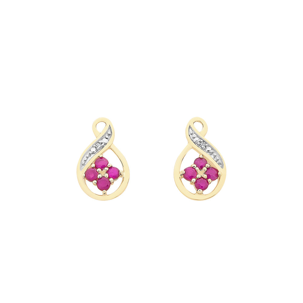 9ct Yellow Gold Natural Ruby & Diamond Stud Earrings